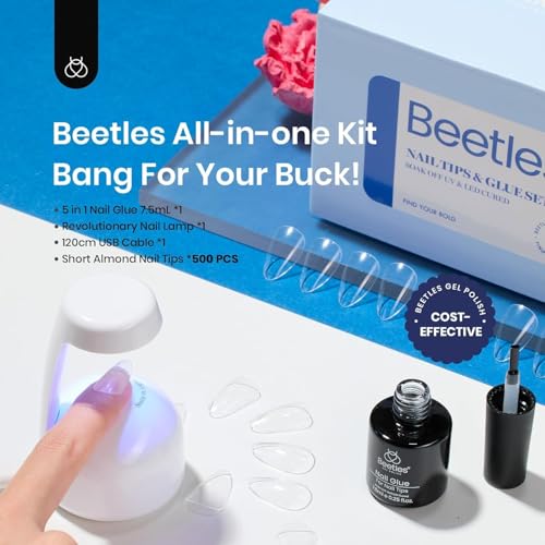 Beetles Gel Nail Kit Almond-500Pcs Gel Nails Tip Easy Extension Set - color: Short Almond 500pcs (Clear Kit)