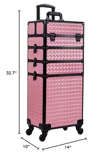 AROUS 5 in 1 Rolling Makeup Train Case with Lid Cosmetology Case on Wheels - color: Pink