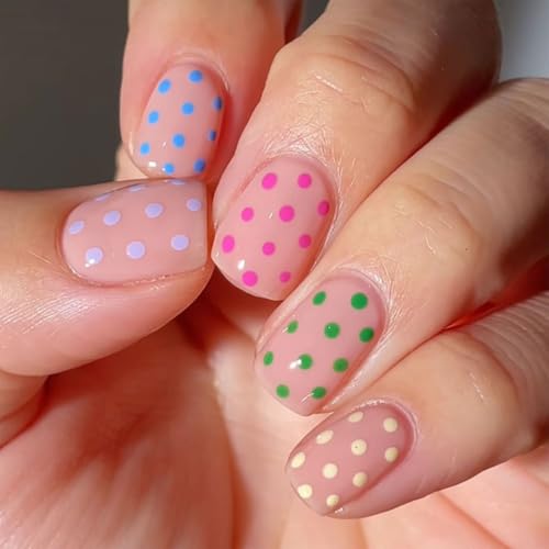Short Square Press On Nails Colorful Polka Dot Fake Nails Glossy Stick On - color: BD-Colorful-9