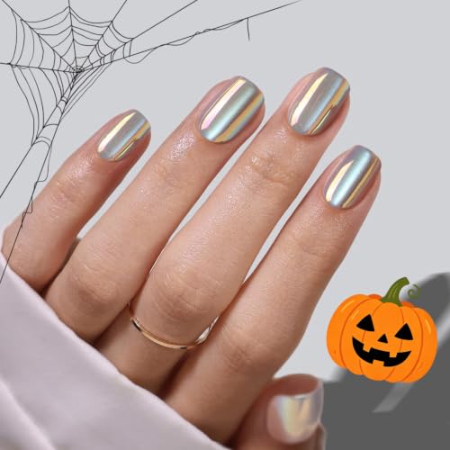 SHANGMENG Halloween Press on Nails, Square Short Chrome Cat Eye Fake Nails - color: Moonlight