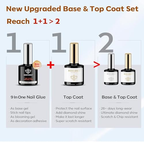 modelones X Nail Gel Glue 9 in One Base Top Coat Set 15ml 2Pcs for Nail Tip