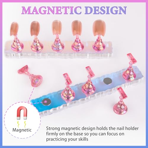 Nail Stand Acrylic Nail Art Display Stand Magnetic Nail Tips Practice Holder 54 Pcs Reusable Adhesive Putty for DIY Painting Nails Stand kit (Aurora Pink A) - color: Aurora Pink A