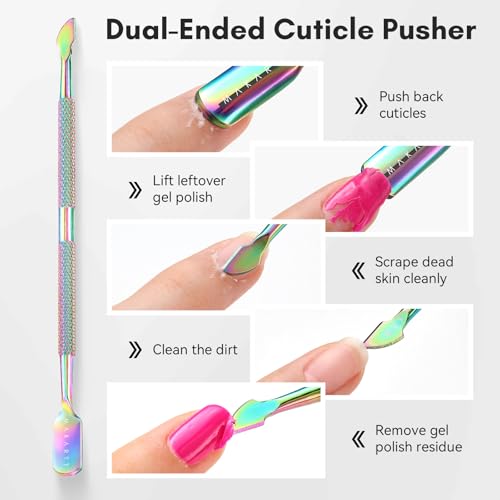 Makartt Rainbow Titanium Sharp Cuticle Nipper and Pusher Set - color: Multi-colored