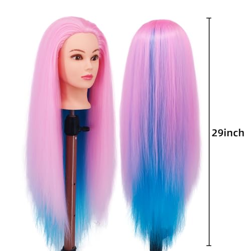 Eumos Mannequin Head with Hair 29'' Cosmetology Doll Head for Hair Styling - color: Pink Blue
