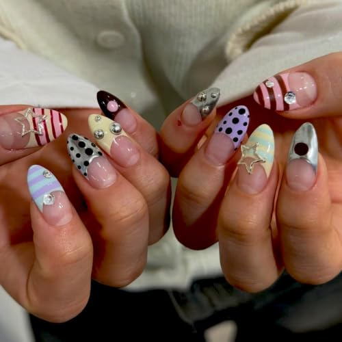 Cute Y2K Press on Nails Medium Almond French Tip Fake Nails 24Pcs - color: style-27