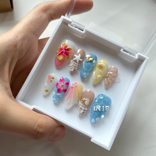 Press On Nails Medium Almond Shape - 3D Handmade Acrylic Gel Fake Nails with Glitter Designs, Reusable Thick Almond Nails for Women DIY Manicure Kit (10PCS, L Size, Easy Application) - color: 450, size: L