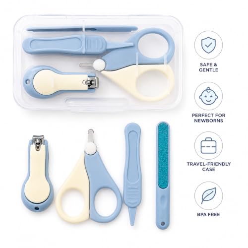 Baby Nail Kit 4-in-1 Safe Newborn and Infant Grooming Set with Nail Clippers, Safety Scissors, Glass File, Tweezers and Protective Case (Blue) - color: Blue