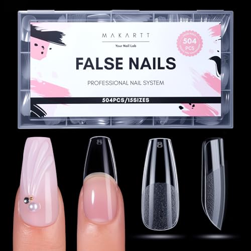Makartt Medium Coffin Nail Tips: 504 PCS Pre-Etched Clear False Nails Tips, 15 Sizes Full Cover Half Matte Soft Acrylic Press On Nail Extensions Supplies Salon and DIY at Home - size: Medium Almond-504 Pcs