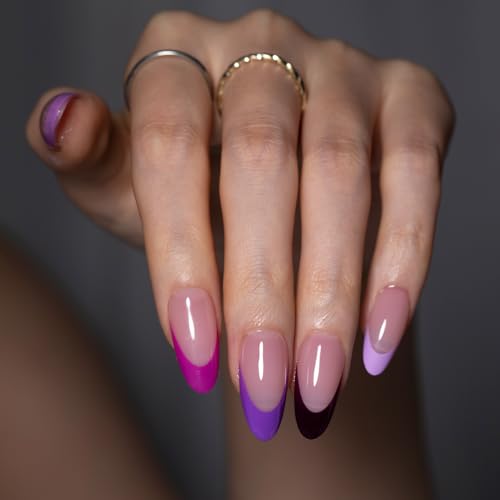 SXC Cosmetics French Tip Press On Nails – Purple Series, Medium Almond, X-Pro Tips Starter Kit | 150PCS, 15 Sizes, 5 Styles, Beginner-Friendly - color: Purple - M Almond