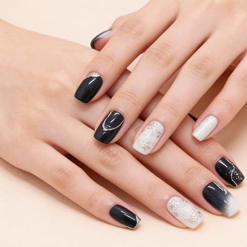 Cat Eye Press on Nails Short Coffin Fake Nails with Flower Glitter Gradient Designs Nails Press ons Silver Blue White Glue on Nails Summer Glossy Stick on Nails for Women 24Pcs - color: silver blue white