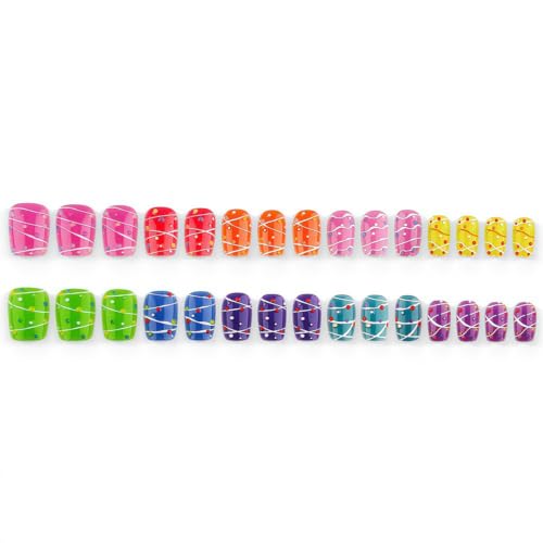 Polka Dot Press on Nails Short Oval Graffiti Design - color: Green Blue Pink Purple Orange Yellow