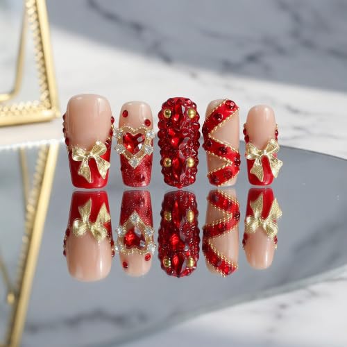 Handmade Press on Nails,Medium Coffin Red Gold Heart Fake Nails - color: style15