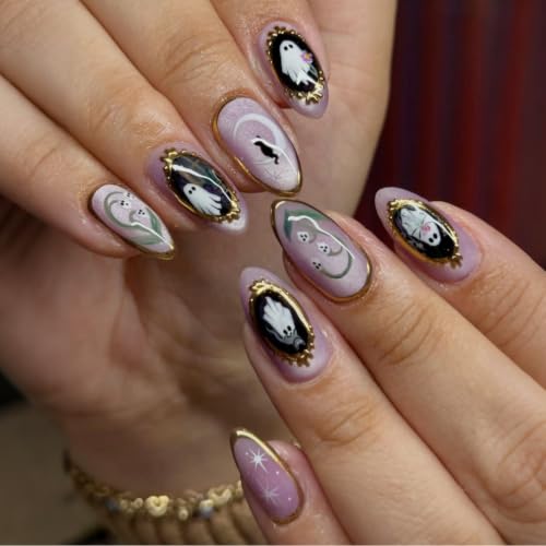 Halloween Press On Nails Medium Almond Fake Nails With Ghost 30Pcs - color: Halloween nails-11