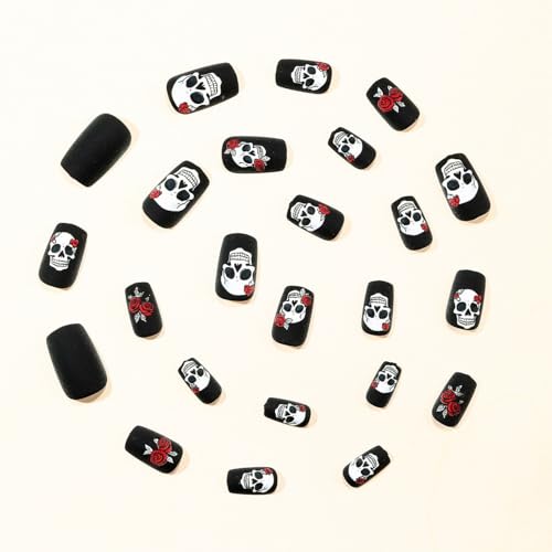 Halloween Press on Nails Skull & Rose False Nails Designs Short Square Fake Nail Black Matte Full Cover Acrylic Nails Halloween Artificial Stick on Nail for Women Art Manicure 24 Pcs - color: Halloween Style 019
