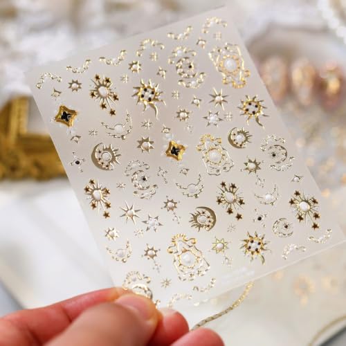 3D Gold Silver Star Moon Sun Nail Boho Baroque Celestial Nail Stickers - color: Color 11