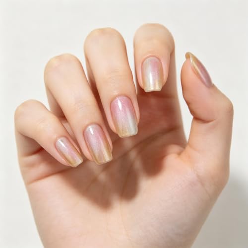 Press on Nails Rainbow Gradient Glitter Medium Square Fake Nails - color: Rainbow Shimmer