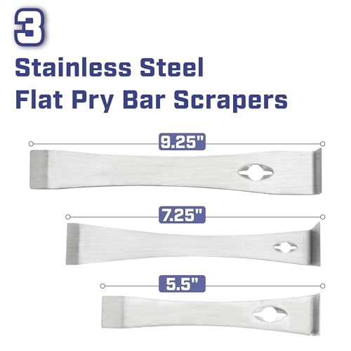 Bates- Flat Pry Bar Scraper, 3pcs, 5-1/2", 7-1/4" and 9-1/4", Stainless Steel, Trim Puller Tool for Baseboard