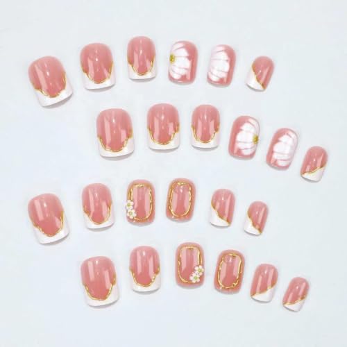 French Tip Press on Nails Short Square Flower Gold Line Design - color: White Gold