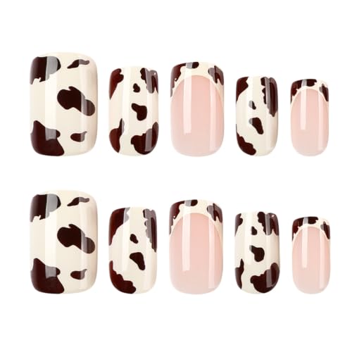 Cow Print Press on Nails Short Square Nail Press ons Fall Winter Fake Nails - color: Style32