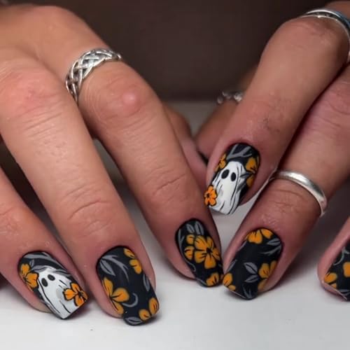 Halloween Yellow Flowers Press on Nails Short Square Fake Nails with Cute Little Ghost Designs Black Matte Artificial Nails Full Cover Stick on Nails Halloween Glue on Nails for Women Nail Art DIY - color: Style 11