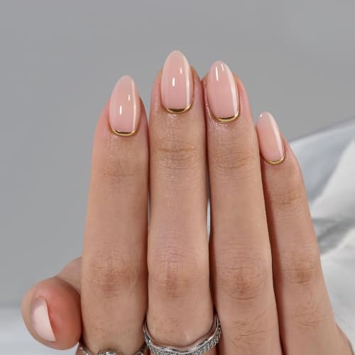 BTArtbox Press On Nails, Almond Short Nude Fake Nails, 32Pcs Full Kit - color: A-Gold End