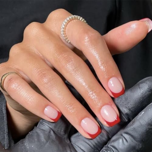 30Pcs Red French Tip Press on Nails Short Square Nails Press ons, Short Fake Nails Coffin Acrylic French Glue on Nail False Nail for Women Natural15 Sizes - color: square red