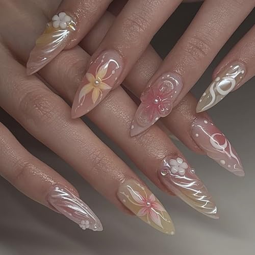 Almond Press on Nails Medium Fake Nails Ombre with 3D Flower Design Glossy Full Cover False Nails for Women Manicure 24Pcs - color: Colorful