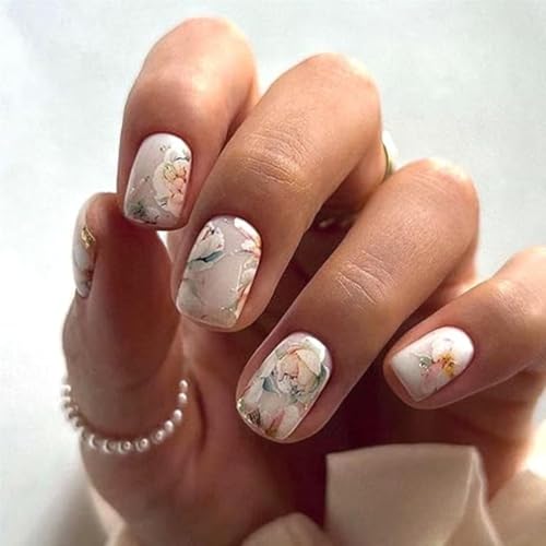 Spring Press on Nails Short Square Fake Nails with Glitter Flower Designs Glossy Nails Press ons White Glue on Nails Artificial Acrylic Summer Stick on Nails for Women 24Pcs - color: 20
