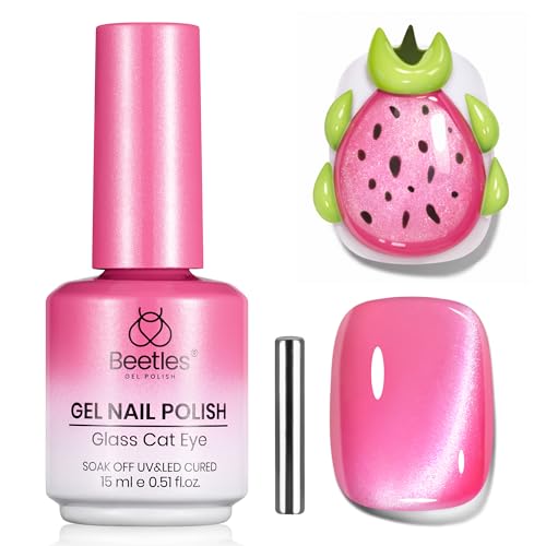 Beetles Hot Pink Cat Eye Gel Nail Polish - Pitaya Glow 15ML Full Size Glitter Pink Cat Eye Summer Gel Polish Magnetic Shimmer Effect Soak Off UV Nail Art Design Salon DIY Manicure Gift for Women - color: B - Hot Pink | Pitaya Glow