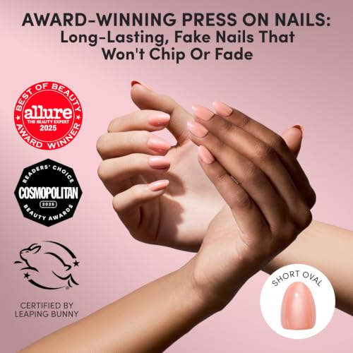 Glamnetic Press On Nails - Short Oval, Glazed Fake Nails 30 Pc Full Kit - color: Soft Skin - Light Pink Solid