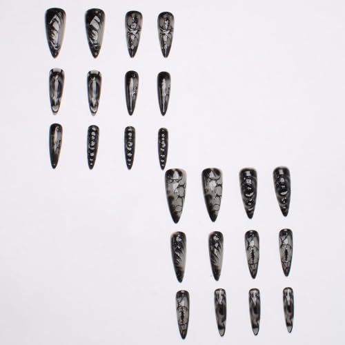 Halloween Goth Press on Nails Medium - Almond Fake Nails Horror Eyeball Black Nails Press ons,Halloween Wound Full Cover Stick on Nails Reusable Acrylic Nails for Women 24Pcs - color: Black halloween goth