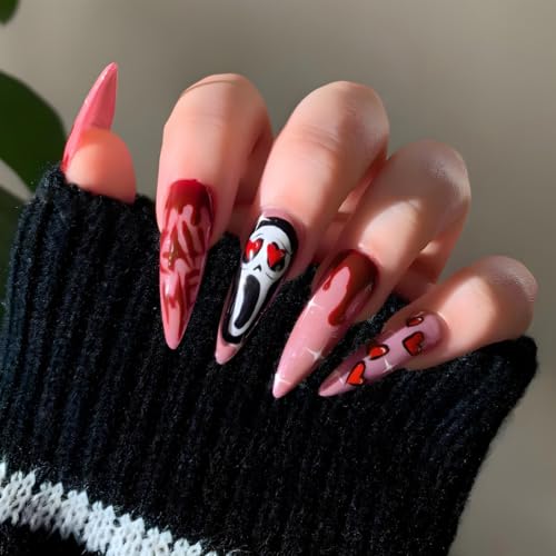 Halloween Press on Nails Long Stiletto Ghostface Nails24Pcs - color: halloween-design04