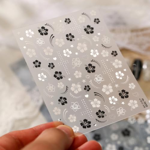 Black White Hibiscus Flower Nails Stickers - 3D Self‑Adhesive, 1 Sheet - color: Color-33