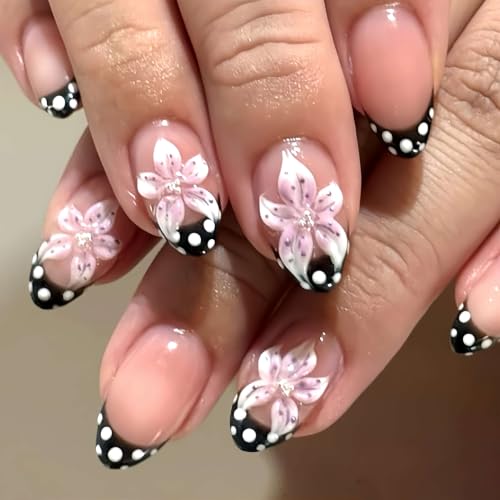 Medium Almond Press On Nails, Nude Pink Fake Nails with 3D Flower Design, Black French Tips and White Polka Dot Accents, Glossy Reusable Glue On Nails for Women Daily Wear Party, 24PCS - color: 3D-70-Pink Blossom Dots