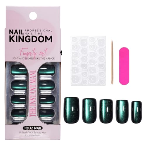Green Press on Nails Short Square Fake Nails Cat Eye Designs Stick on Nails Glitter False Nails Bling Glossy Acrylic Glue on Nails for Women Manicure 30Pcs - color: Style-16