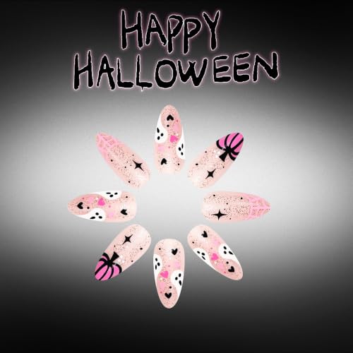 Halloween Press On Nails, Almond Pink Ghost Pumpkin Spiderweb Design - color: style 29