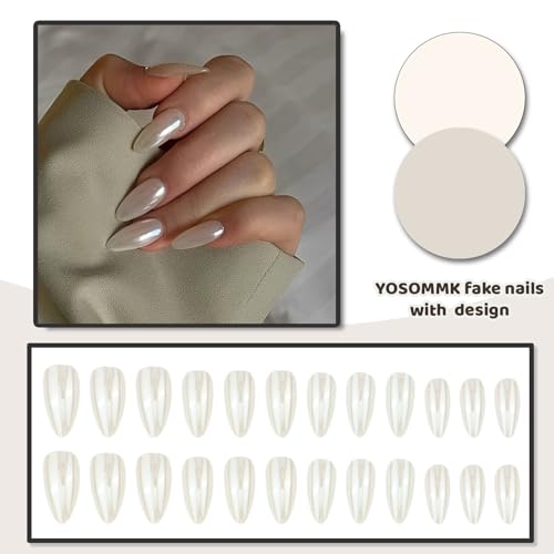 Chrome White Acrylic Press on Nails Almond Medium Fake Nails - color: 07-Chrome White