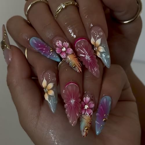 Summer Press On Nails Medium Almond Fake Nails With 3D Flower Rhinestone Design Acrylic False Nails French Leopard Print Nail Press Ons Orange Glossy Glue On Nails For Women - color: Design-24