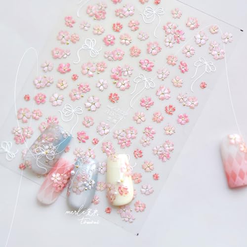 5D Embossed Pink Small Flowers Nail Stickers for Nail Art Self-Adhesive White Bow Nail Decals Spring Flowers Nail Design Stickers with Gold Stamen Nails Supplies Cute Nail Art Decals for Women DIY - style: 5D Embossed Nail Stickers-6