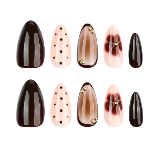 Brown Press on Nails Medium Almond, Polka Dots, Flower, Gold Beads, 24Pcs - color: Style-46