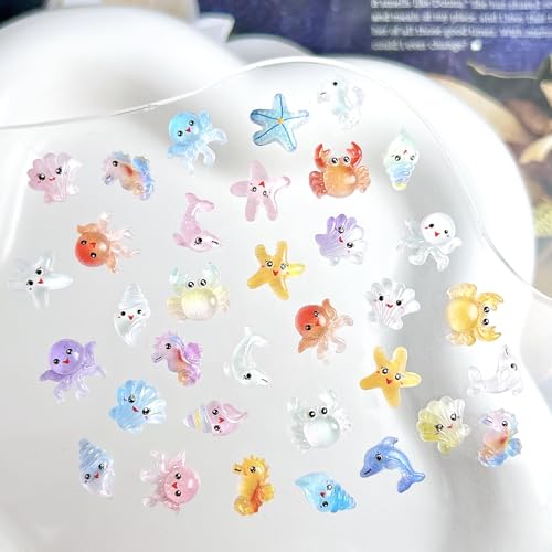 100Pcs Ocean Mini Resin Nail Art Charm Cute Tiny Sea Animal Nail Art 3D Resin Flat Back Crab Octopus Seashell Starfish Beach Nail Jewelry Summer Nail Supplies Manicure Beach (Ocean Animals) - color: Ocean animals