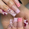 24Pcs Pink Flower Press on Nails Medium Square Fake Nails Summer Hibiscus Flowers False Nails Pink White Striped Acrylic Nails Spring Summer Glue on Nails Wine Red Flower Stick on Nails for Women - color: Hibiscus Striped Style