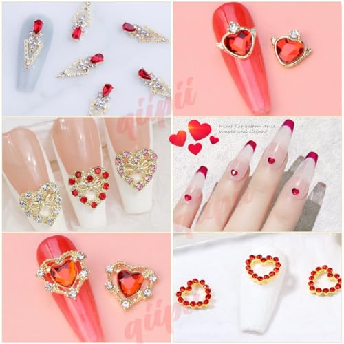 qiipii 36pcs Red Heart Nail Charms Golden Luxury Alloy Valentine Charms for Nails 3D Red Nail Art Rhinestones Gems Gold Crystal Diamonds Jewelry Stones Studs Charms Supplies for Nails Face Eyes Makeup - color: Luxury Charms -Red Heart, size: 1 Box