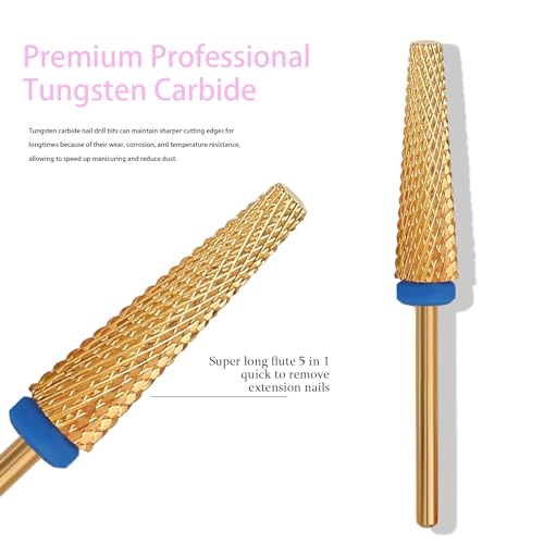 Super Long 5 in 1 Nail Drill Bits, Professional 3/32'' Carbide Tungsten Two Way Rotary Nail Cleaner Nail Bits, Suitable for Manicure Pedicure Cuticle Gel Polishing Acrylic Nails(Gold, Medium-M) - color: Gold, size: Medium-M