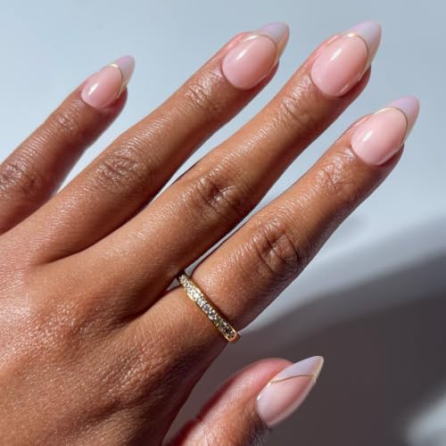 Glamnetic Press On Nails - Short Almond Chrome Fake Nails 30 Pc Full Kit - color: Heavenly Touch - Gold Foil French Tip