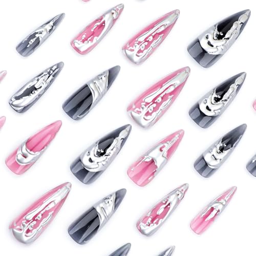 MISUD Press on Nails - Long Stiletto Glue on Nails with Goth Pink Black, Acrylic 3D Silver Chrome Design 24 pcs - color: 06121-03Pink&Black