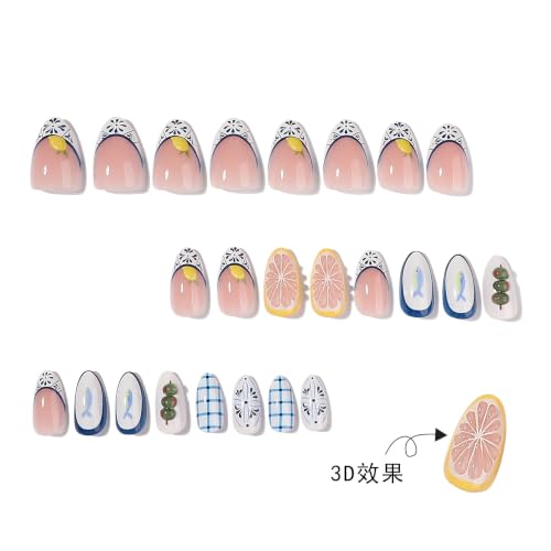Summer Nails Press ons - Short Almond, Blue Tile, Fish, Lemon - color: Color-13