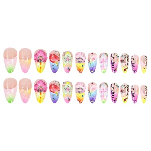 Summer Long Press on Nails Almond Fake Nails Flowers Colorful Design 24pcs