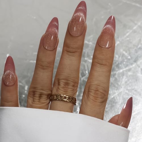 Pink Cat Eye Acrylic Press on Nails Almond Medium Fake Nails - color: 24-Pink