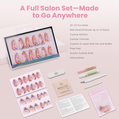 Nail Reformation Press On Nails, Rainbow Ombre Swirl Medium Almond 30 Pcs - color: Rainbow Arc